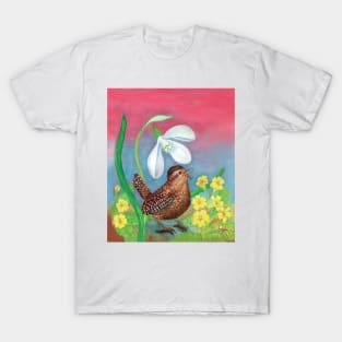 Wren Bird (Troglodytes troglodytes) and a Snowdrop Illustration T-Shirt